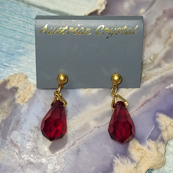 Austrian Red Drop Earrings - Picture 1 of 8